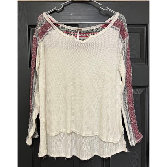 Free People Thermal Waffle Knit Long Sleeve Top Ivory Mixed Print XS Boho Casual - Picture 1 of 6